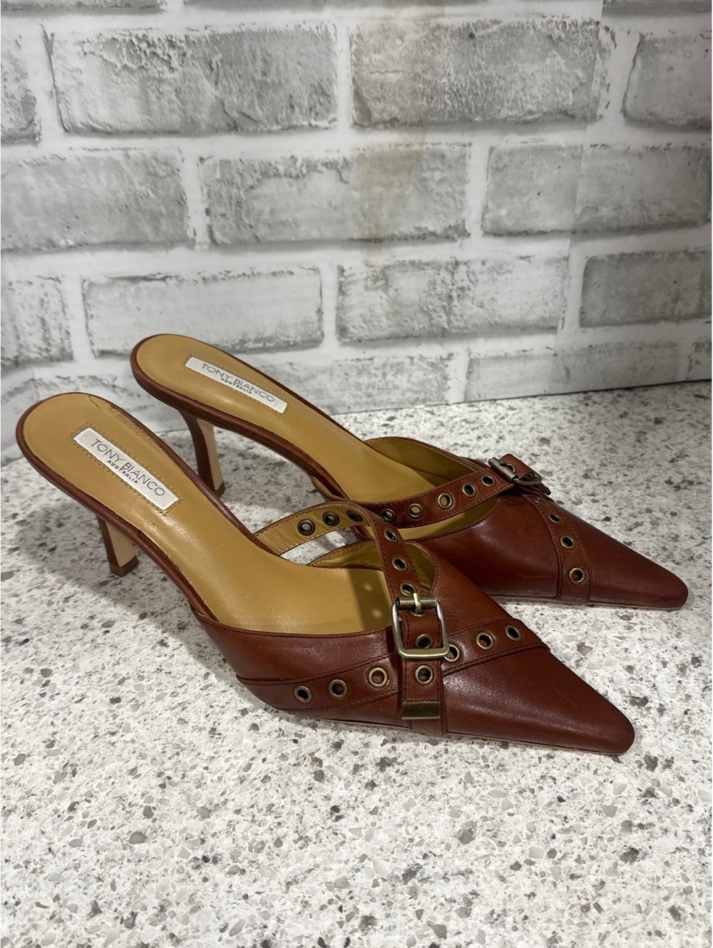 Tony Bianco Savoir Mules Brown Leather Pointed Toe Heels, Size 9.5